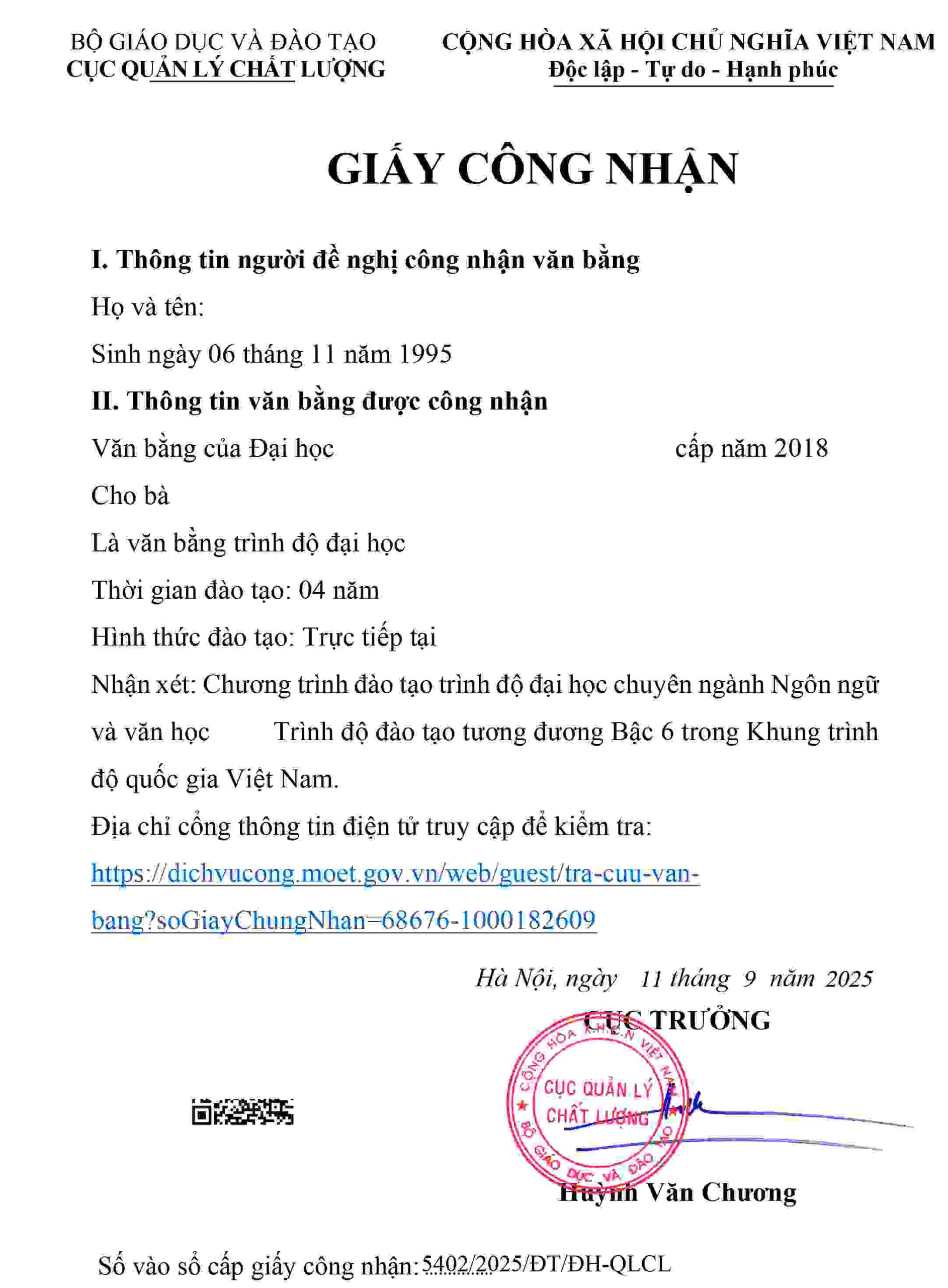 mẫu giấy công nhận văn bằng