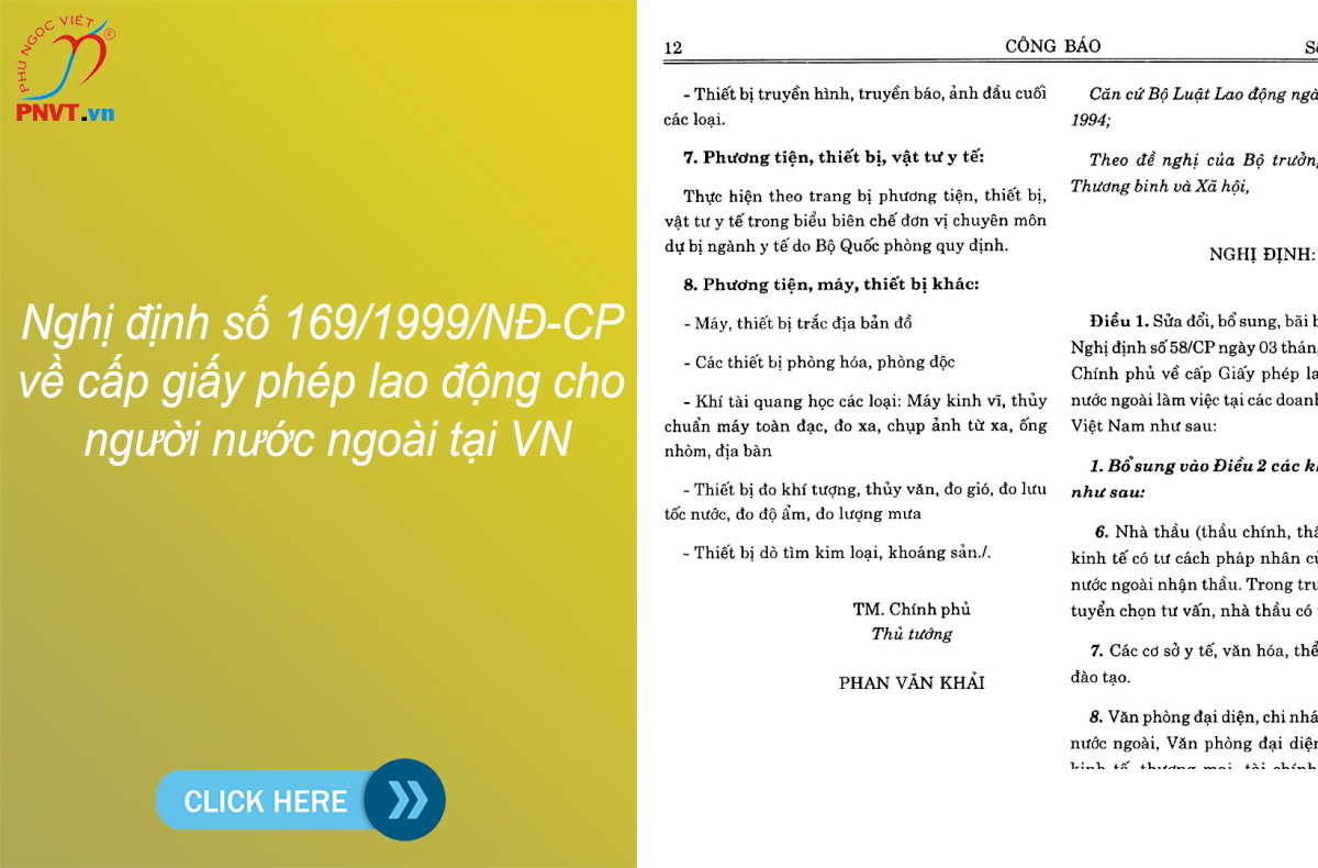 Nghị định số 169/1999/NĐ-CP về cấp giấy phép lao động cho người nước ngoài tại VN