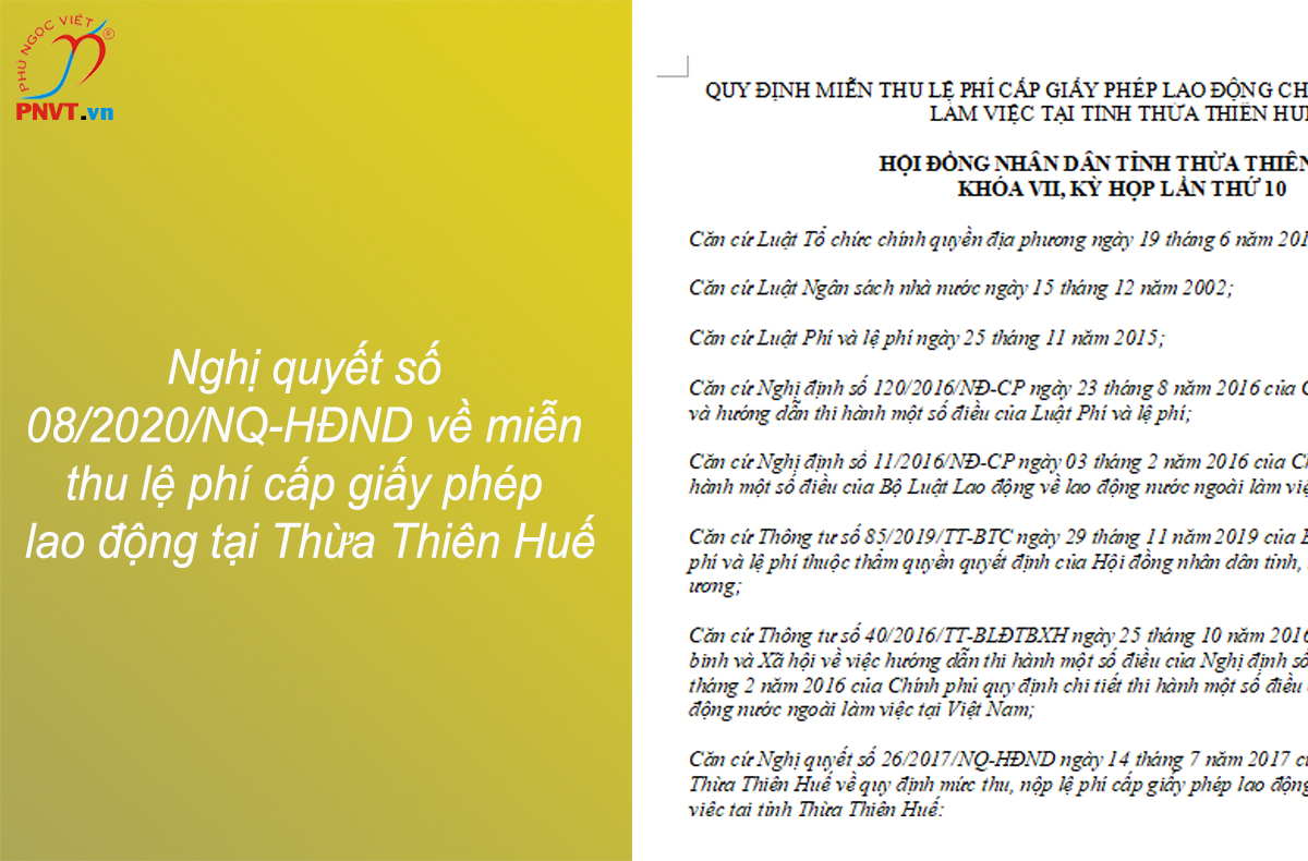 Nghị quyết số 08/2020/NQ-HĐND về miễn thu lệ phí cấp giấy phép lao động tại Thừa Thiên Huế